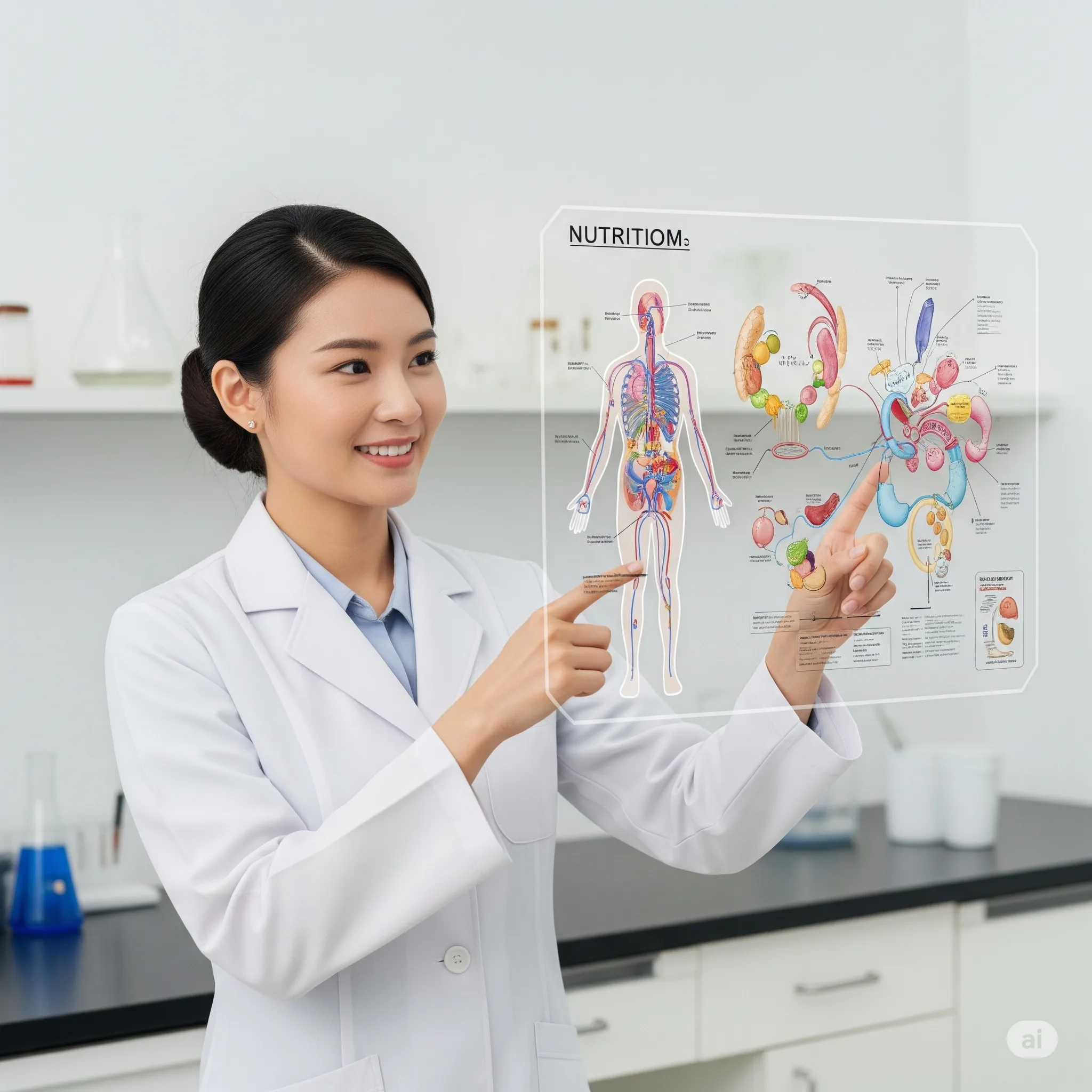 Ilustração de uma cientista explicando um diagrama do corpo humano.