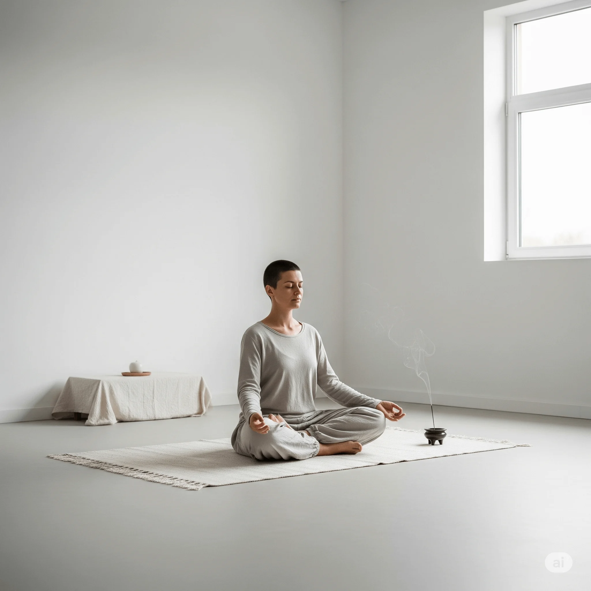 Ilustração de uma pessoa meditando em um ambiente calmo para representar o repouso do corpo.